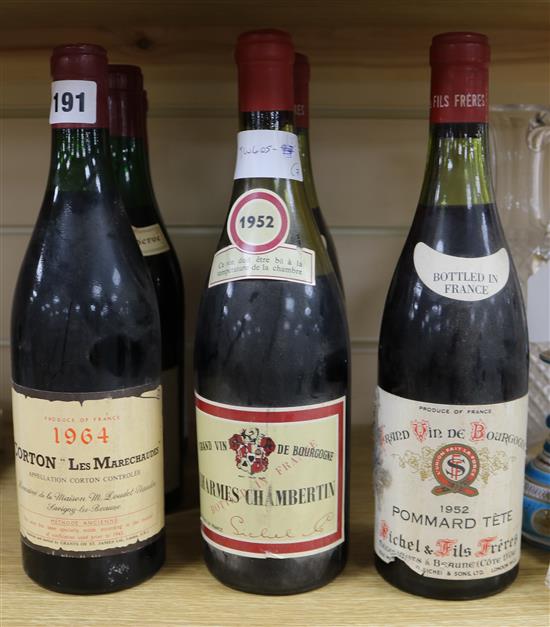 Seven assorted Burgundy wines including Pommard Tete 1952 (2) and Corton Jadof 1967